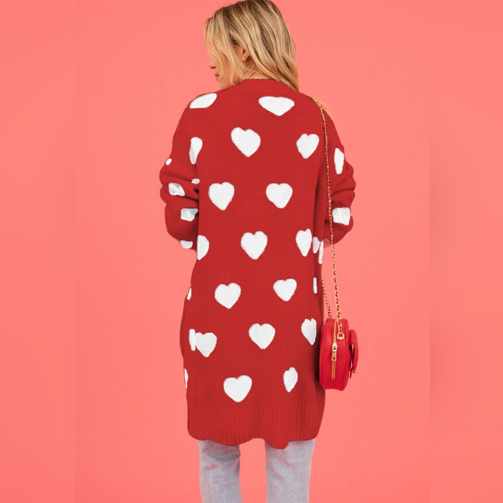 Contrasting Heart Knit Open Front Longline Pocket Sweater Cardigan Valentine - Picture 8 of 9